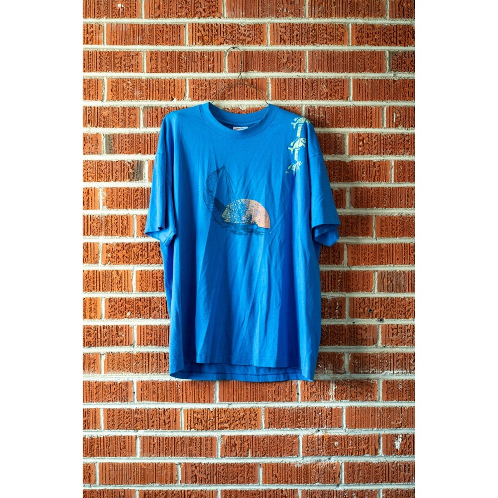 Vtg 90s Hanes Heavyweight 50/50 T Shirt XL Blue Single Stitch Sailboat USA Made